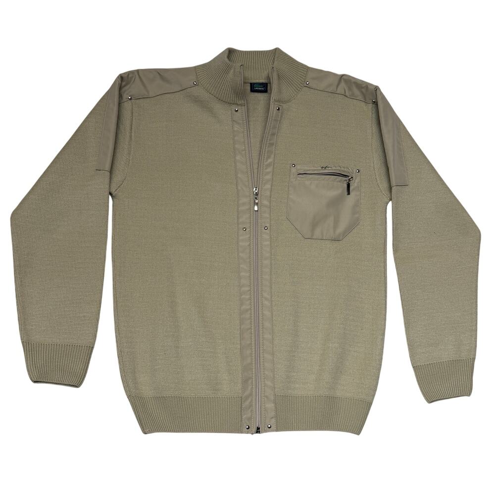 Vintage Lacoste Jacket Large Brown Khaki Mens Full Zip Ribbed Knit Croc Logo